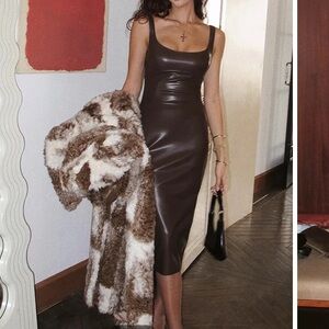 COMMENSE Brown Faux Leather Midi Dress NWT